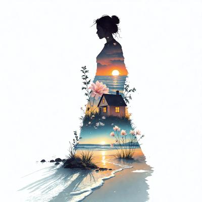 The primary subject of the image is a woman, who is the main focus of the scene. She is depicted in a painting or drawing, which gives the image a visual style of art. The setting or background features a beach, with a sunset in the distance, creating a serene and peaceful atmosphere. The colors in the image are predominantly warm and natural, such as the hues of the sunset and the beach environment.